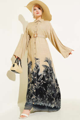 Pazarium - Etek Ucu Desenli Boydan Düğmeli Elbise Siyah