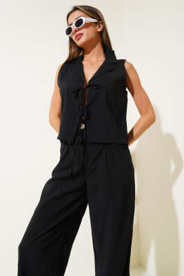 Önü İp Bağlamalı Yelekli İkili Takım Siyah - Thumbnail