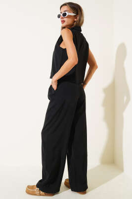 Önü İp Bağlamalı Yelekli İkili Takım Siyah - Thumbnail