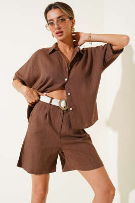 Pazarium - İp Kemerli Şortlu İkili Takım Kahve