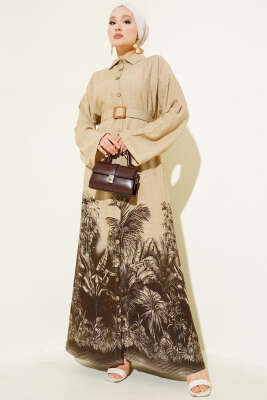 Pazarium - Etek Ucu Desenli Boydan Düğmeli Elbise Kahve