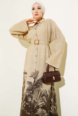 Etek Ucu Desenli Boydan Düğmeli Elbise Kahve - Thumbnail