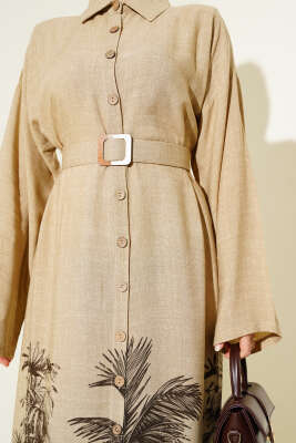 Etek Ucu Desenli Boydan Düğmeli Elbise Kahve - Thumbnail