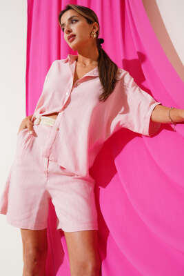 Pazarium - İp Kemerli Şortlu İkili Takım Pudra