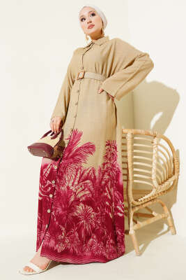 Pazarium - Etek Ucu Desenli Boydan Düğmeli Elbise Bordo