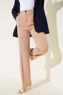 Pazarium - Kemer Biyeli Kumaş Pantolon Latte