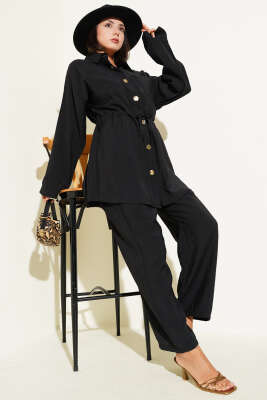 Pazarium - Bel Büzgülü Cepli İkili Takım Siyah
