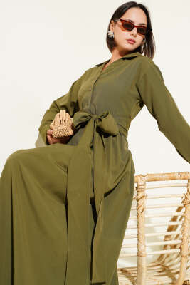 Pazarium - Yarım Düğmeli Bağlamalı Terikoton Elbise Haki