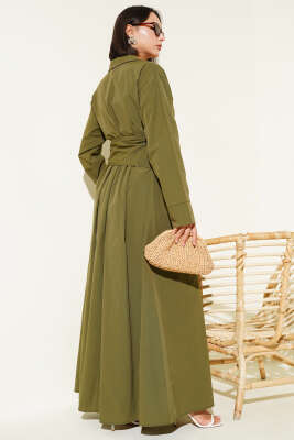 Yarım Düğmeli Bağlamalı Terikoton Elbise Haki - Thumbnail