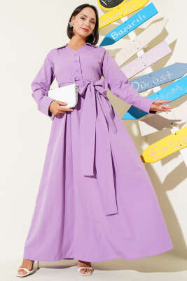 Pazarium - Yarım Düğmeli Bağlamalı Terikoton Elbise Lila