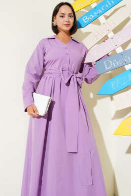 Yarım Düğmeli Bağlamalı Terikoton Elbise Lila - Thumbnail