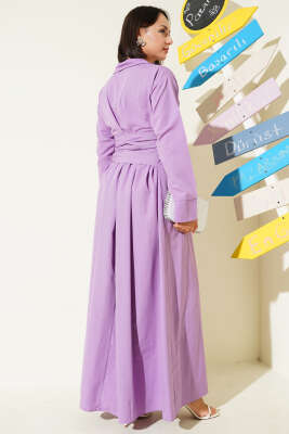 Yarım Düğmeli Bağlamalı Terikoton Elbise Lila - Thumbnail