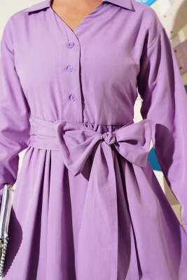 Yarım Düğmeli Bağlamalı Terikoton Elbise Lila - Thumbnail