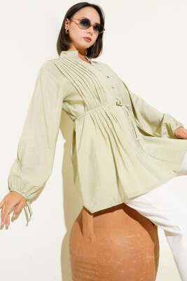 Önü Pileli Düğmeli Gömlek Çağla Yeşili - Thumbnail