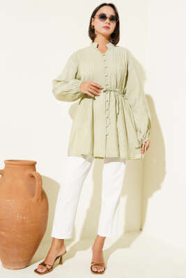 Önü Pileli Düğmeli Gömlek Çağla Yeşili - Thumbnail