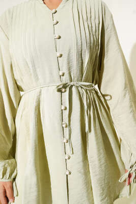 Önü Pileli Düğmeli Gömlek Çağla Yeşili - Thumbnail