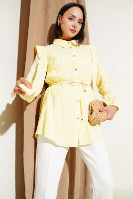 Pazarium - Omuz Pelerinli İp Kuşaklı Gömlek Sarı