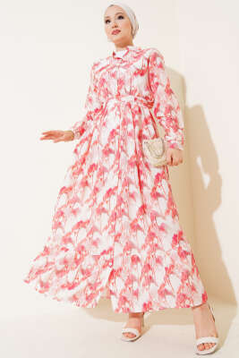 Pazarium - Önden Düğmeli Ebruli Desenli Elbise Kırmızı