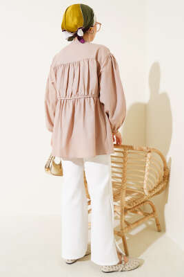 Fiyonklu Büzgülü Gömlek Bej - Thumbnail