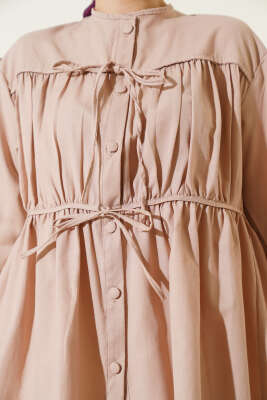 Fiyonklu Büzgülü Gömlek Bej - Thumbnail