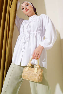 Fiyonklu Büzgülü Gömlek Beyaz - Thumbnail