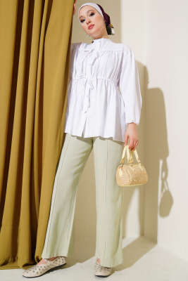 Fiyonklu Büzgülü Gömlek Beyaz - Thumbnail