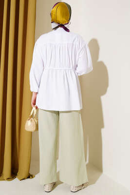 Fiyonklu Büzgülü Gömlek Beyaz - Thumbnail