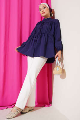 Fiyonklu Büzgülü Gömlek Lacivert - Thumbnail