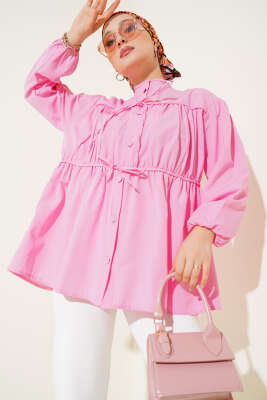 Pazarium - Fiyonklu Büzgülü Gömlek Pembe