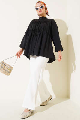 Fiyonklu Büzgülü Gömlek Siyah - Thumbnail