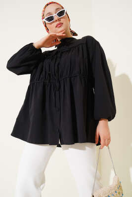 Pazarium - Fiyonklu Büzgülü Gömlek Siyah