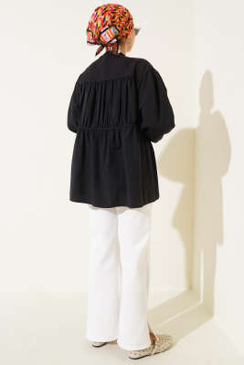 Fiyonklu Büzgülü Gömlek Siyah - Thumbnail