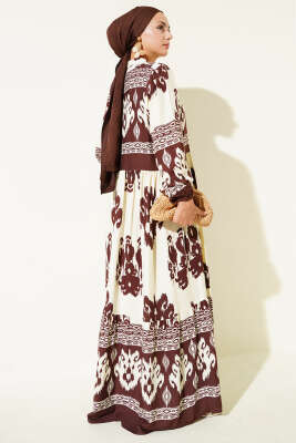 Desenli Yarım Düğme Detaylı Elbise Kahve - Thumbnail