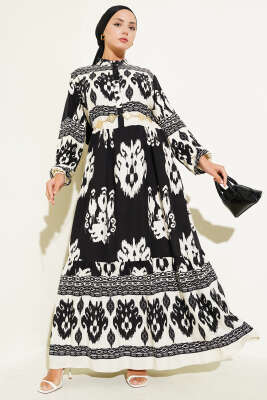 Pazarium - Desenli Yarım Düğme Detaylı Elbise Siyah