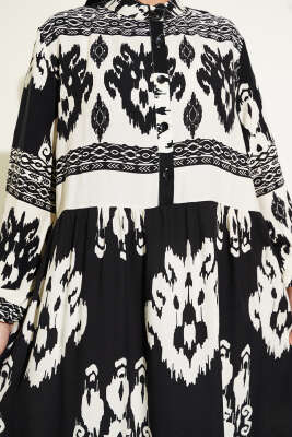 Desenli Yarım Düğme Detaylı Elbise Siyah - Thumbnail