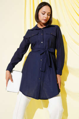 Pazarium - Çift Cepli Belden Bağlamalı Tunik Lacivert