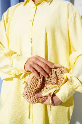 İp Bağcıklı Oversize Gömlek Sarı - Thumbnail