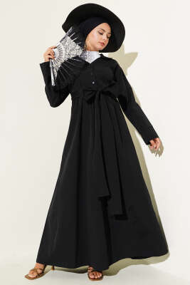 Yarım Düğmeli Bağlamalı Terikoton Elbise Siyah - Thumbnail