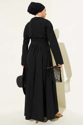 Yarım Düğmeli Bağlamalı Terikoton Elbise Siyah - Thumbnail