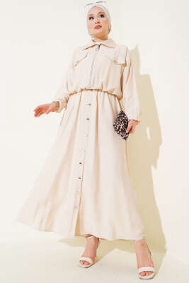 Pazarium - Metal Düğmeli Jile Takım Bej