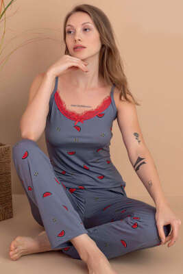 Pazarium - İp Askılı Dik Çizgili Pijama Takımı Kayrak Grisi