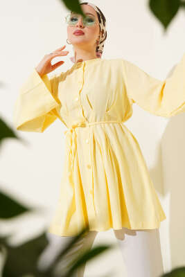 Pazarium - Pensli İp Detaylı Tunik Sarı