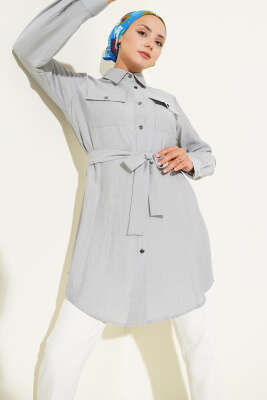 Pazarium - Çift Cepli Belden Bağlamalı Tunik Gri