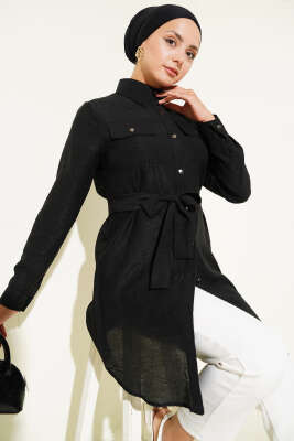 Çift Cepli Belden Bağlamalı Tunik Siyah - Thumbnail