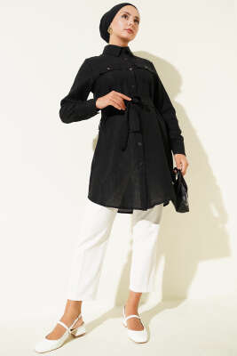 Çift Cepli Belden Bağlamalı Tunik Siyah - Thumbnail