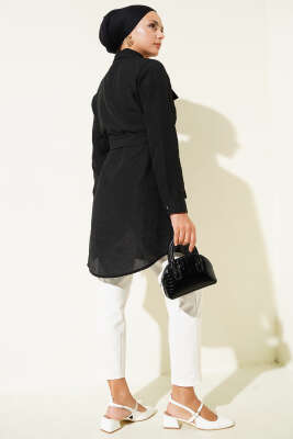 Çift Cepli Belden Bağlamalı Tunik Siyah - Thumbnail