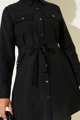 Çift Cepli Belden Bağlamalı Tunik Siyah - Thumbnail