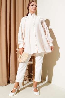 İp Bağcıklı Oversize Gömlek Bej - Thumbnail