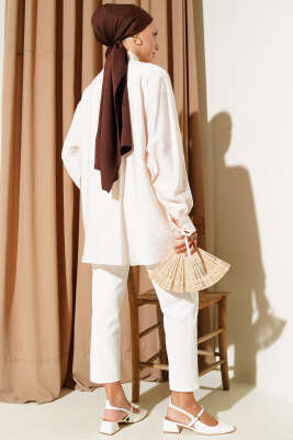 İp Bağcıklı Oversize Gömlek Bej - Thumbnail