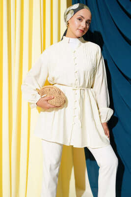 Önü Pileli Düğmeli Gömlek Sarı - Thumbnail